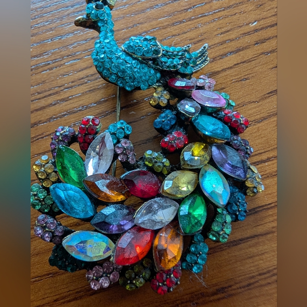 Vintage Colorful Rhinestone Peacock Brooch - Picture 5 of 5